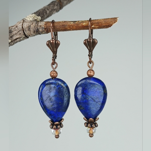 HAND CRAFTED Lapis Lazuli Blue Copper Gemstone Teardrop Rustic Dangle Earrings - Picture 3 of 6